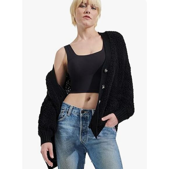 UGG black Wool blend Sherell Cloud Fluff button up cardigan sweater v-neck L NWT - Picture 3 of 8